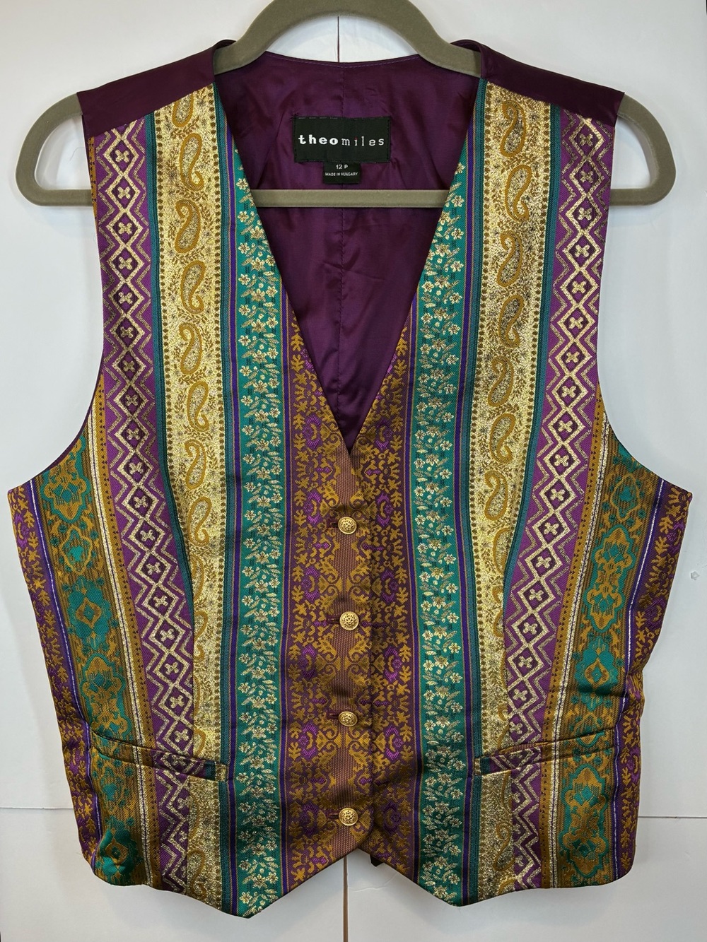 Theomiles Metallic Brocade Vest Purple Gold Teal Paisley Boho Size 12P